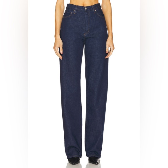 NEW PAIGE Sawyer 100% Cotton High Rise Wide Leg Jeans Dark Blue 34” sz 28 - Picture 2 of 12